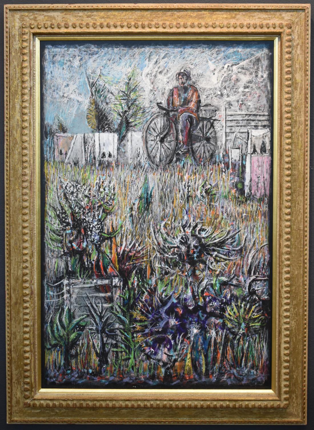 Everett Spruce Landscape Painting - "Bee Hives With Rider"  Bicyclist 36 x 24 Texas Finest Mid Century Modernist