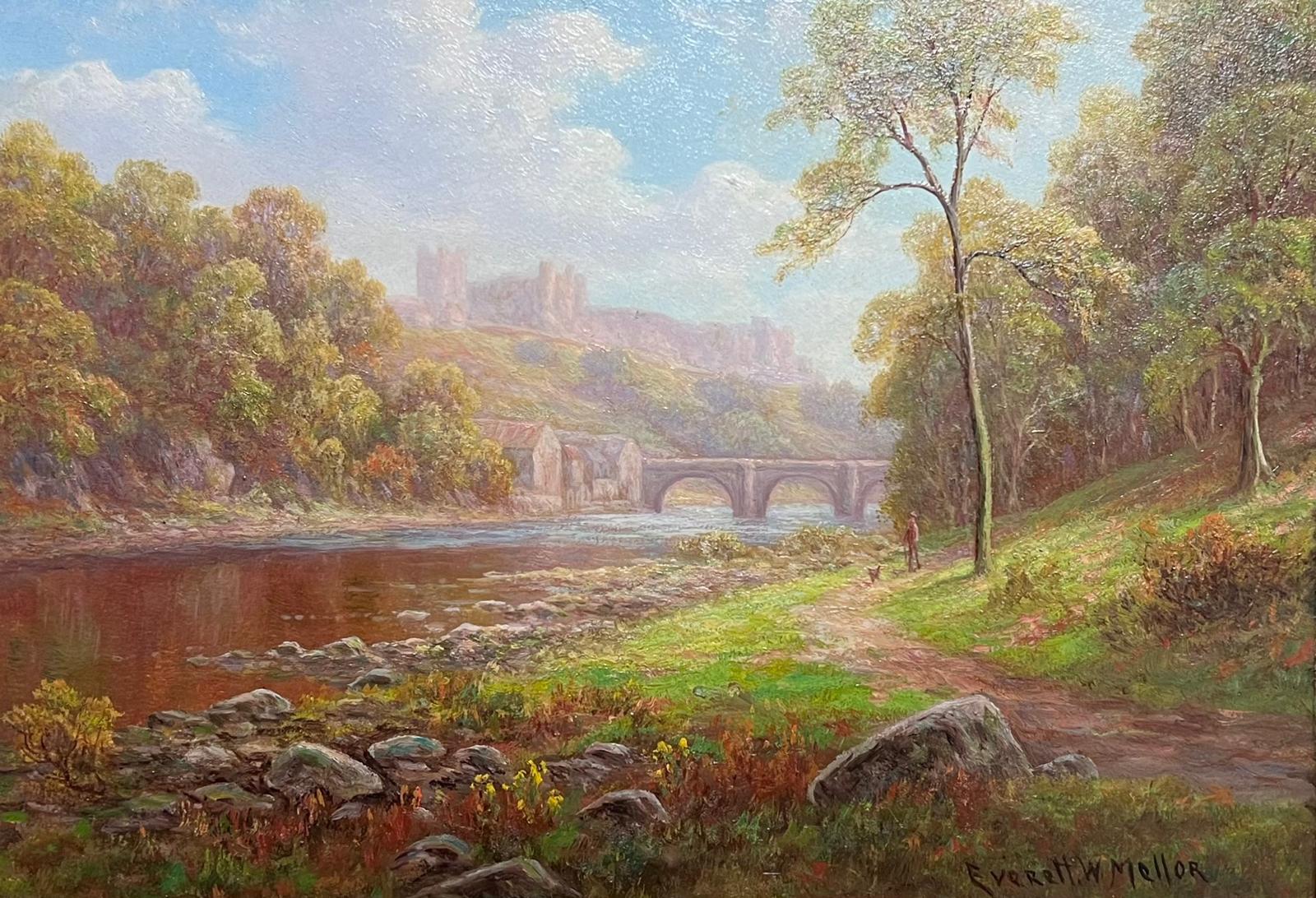Antique English Oil Tranquil Riverside Landscape Richmond Castle Yorkshire - Painting by Everett W Mellor