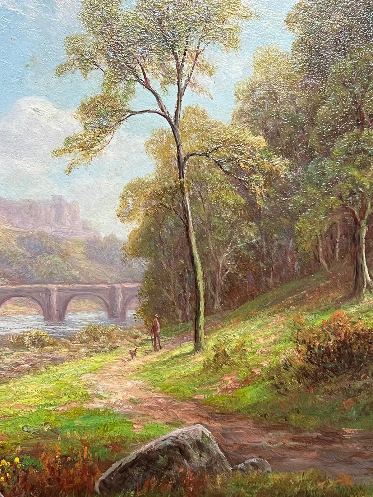 Antique English Oil Tranquil Riverside Landscape Richmond Castle Yorkshire - Victorian Painting by Everett W Mellor