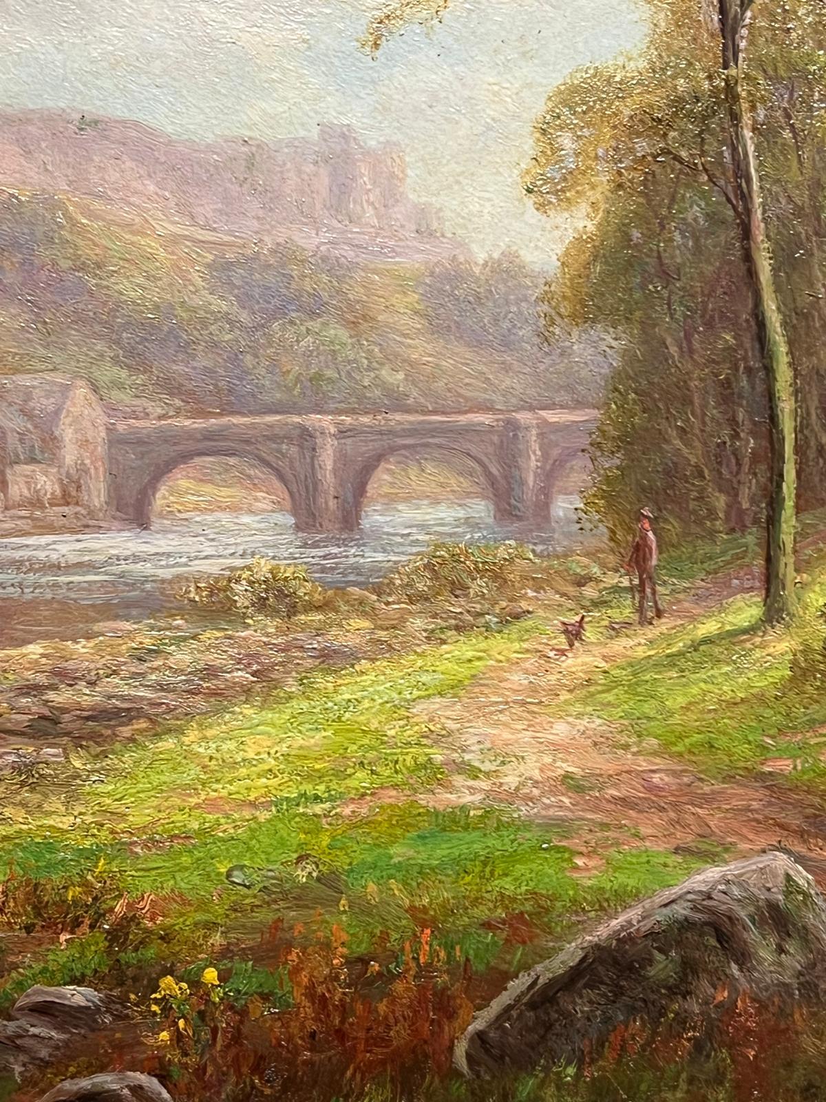 Antique English Oil Tranquil Riverside Landscape Richmond Castle Yorkshire - Brown Figurative Painting by Everett W Mellor