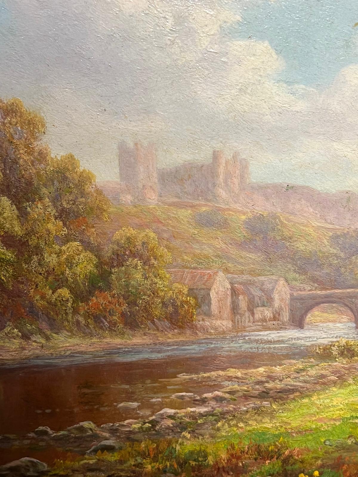 Antique English Oil Tranquil Riverside Landscape Richmond Castle Yorkshire For Sale 1