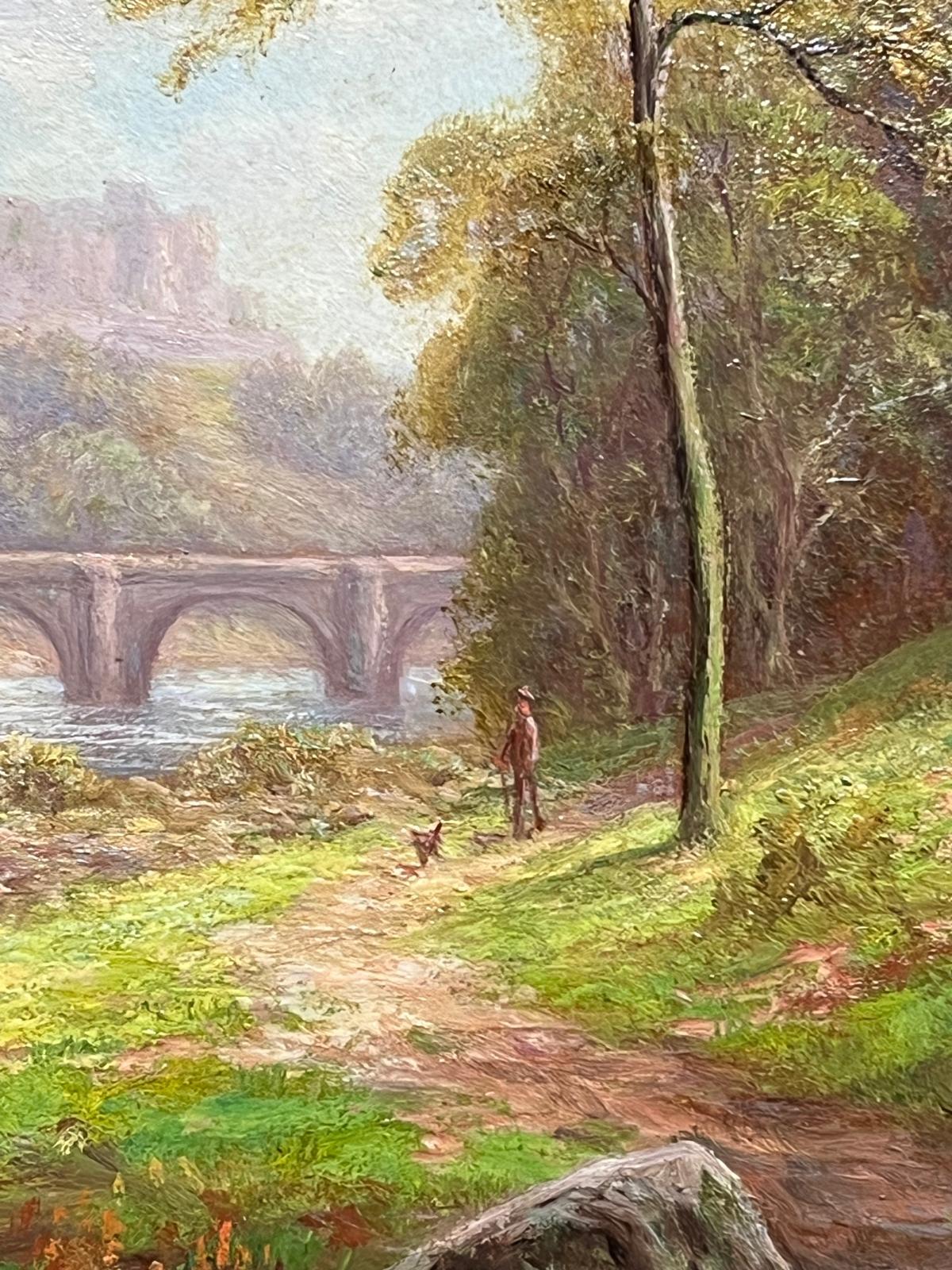 Antique English Oil Tranquil Riverside Landscape Richmond Castle Yorkshire For Sale 2