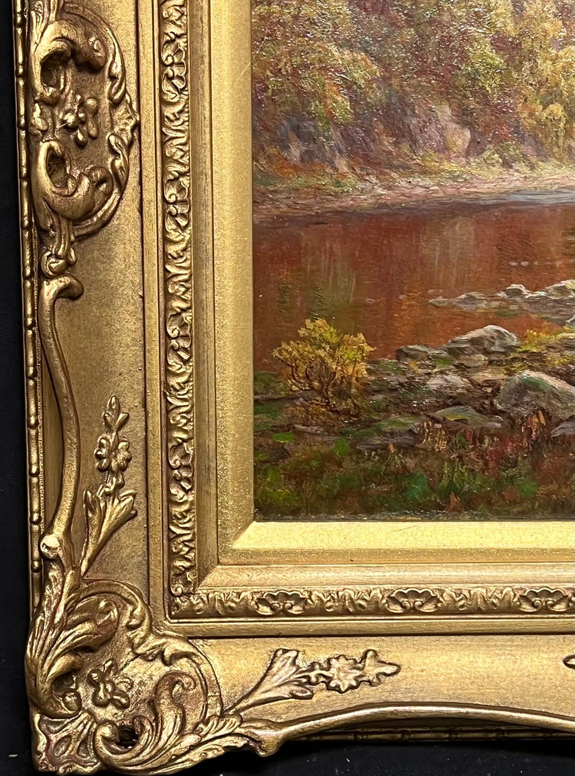Antique English Oil Tranquil Riverside Landscape Richmond Castle Yorkshire For Sale 3