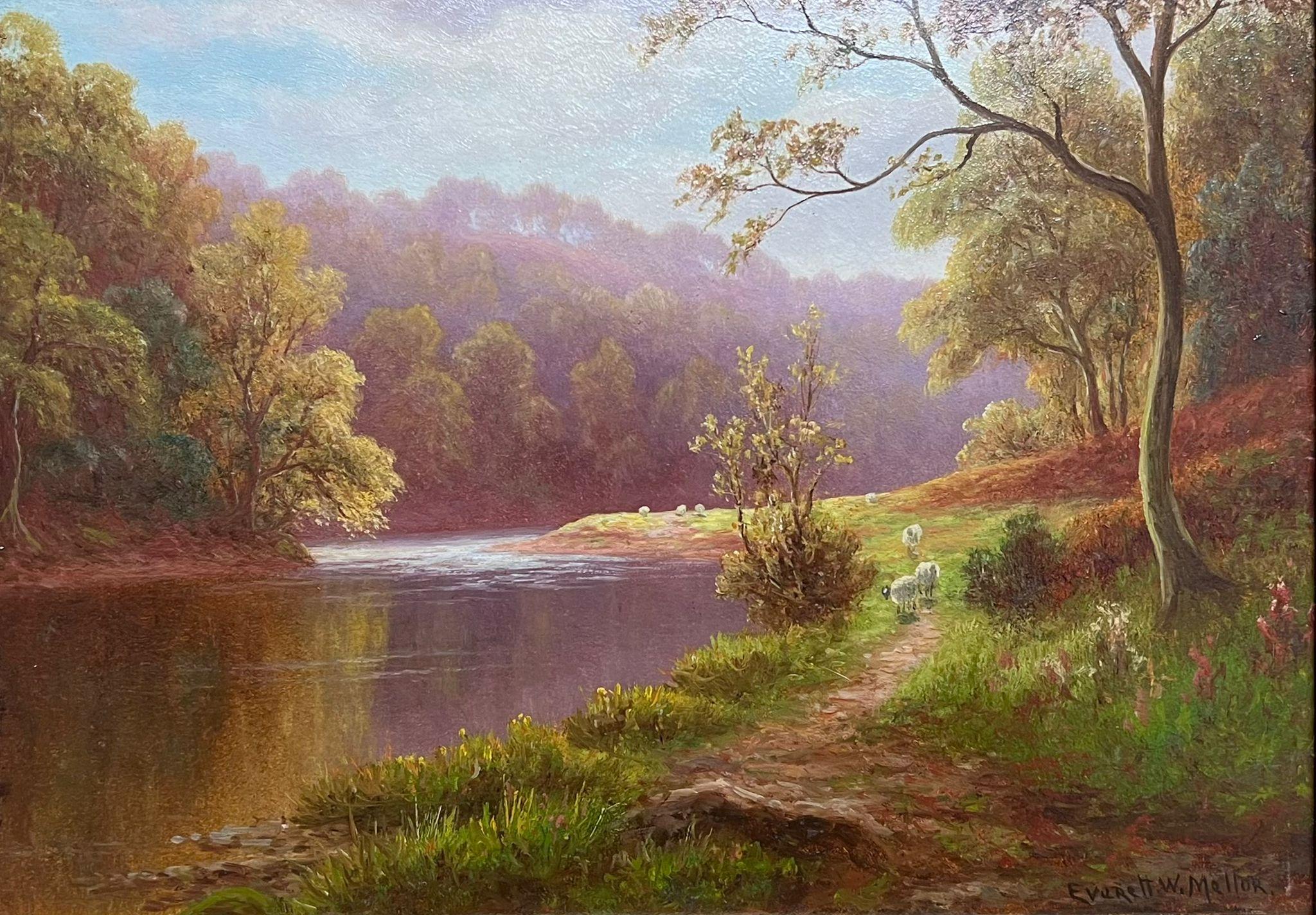 Pintura al óleo victoriana Ovejas caminando por el sendero dorado del río Light Yorkshire - Painting de Everett W Mellor