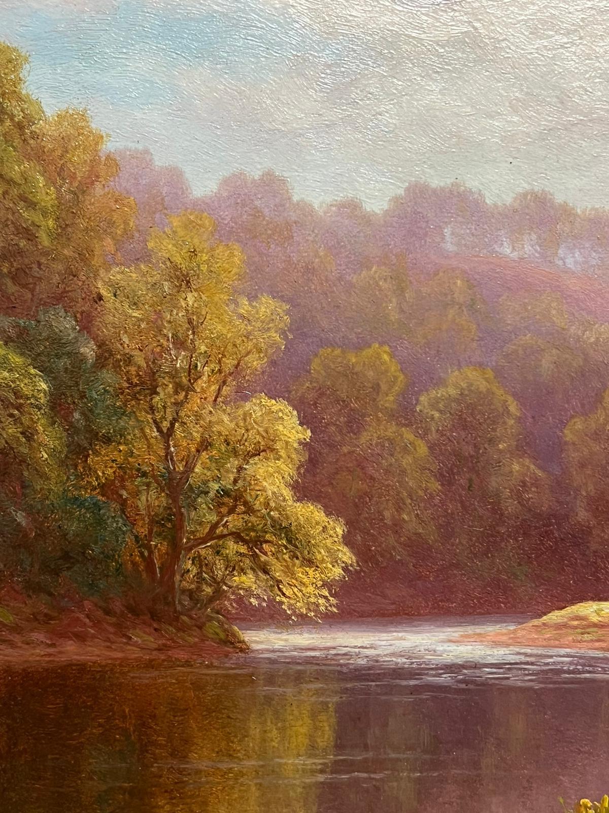 Pintura al óleo victoriana Ovejas caminando por el sendero dorado del río Light Yorkshire - Painting Victoriano de Everett W Mellor