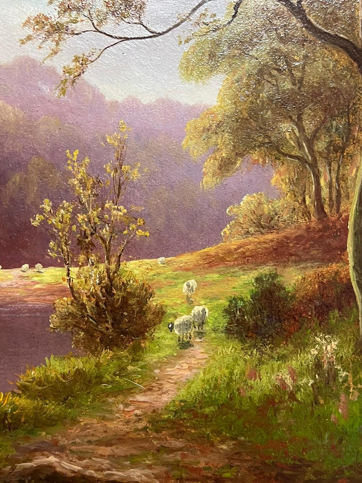 Pintura al óleo victoriana Ovejas caminando por el sendero dorado del río Light Yorkshire 3