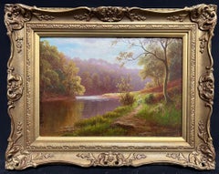 Pintura al óleo victoriana Ovejas caminando por el sendero dorado del río Light Yorkshire