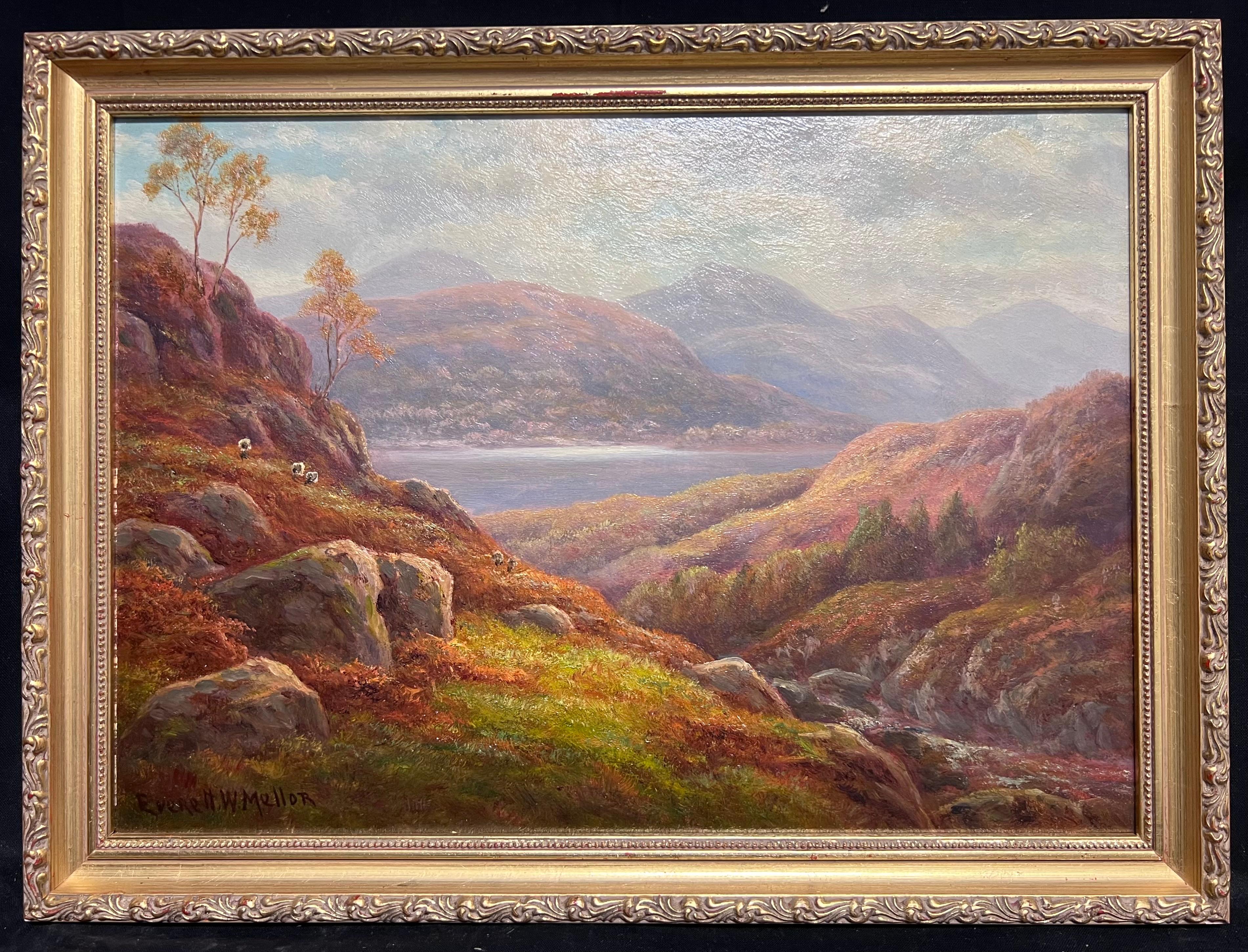 Antique Scottish Oil Autumn Highlands Tranquil Landscape with Sheep Oil Painting - Gray Animal Painting by Everett Watson Mellor