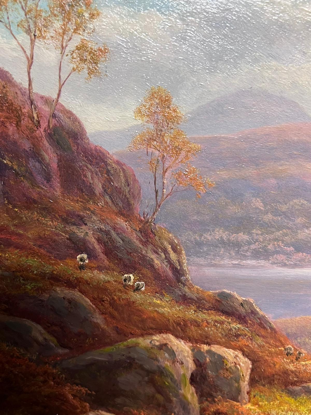 Antique Scottish Oil Autumn Highlands Tranquil Landscape with Sheep Oil Painting For Sale 1