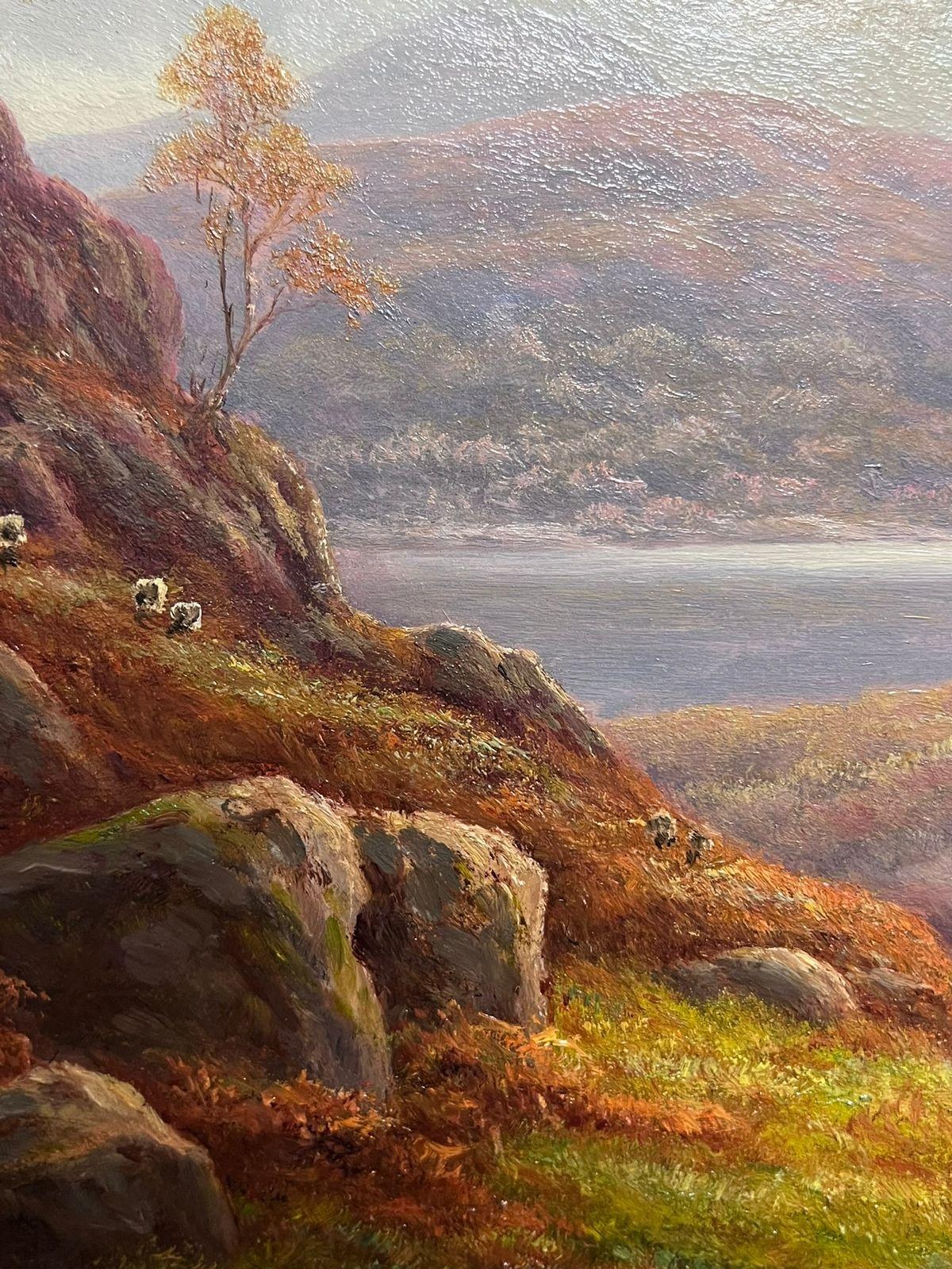 Antique Scottish Oil Autumn Highlands Tranquil Landscape with Sheep Oil Painting For Sale 5