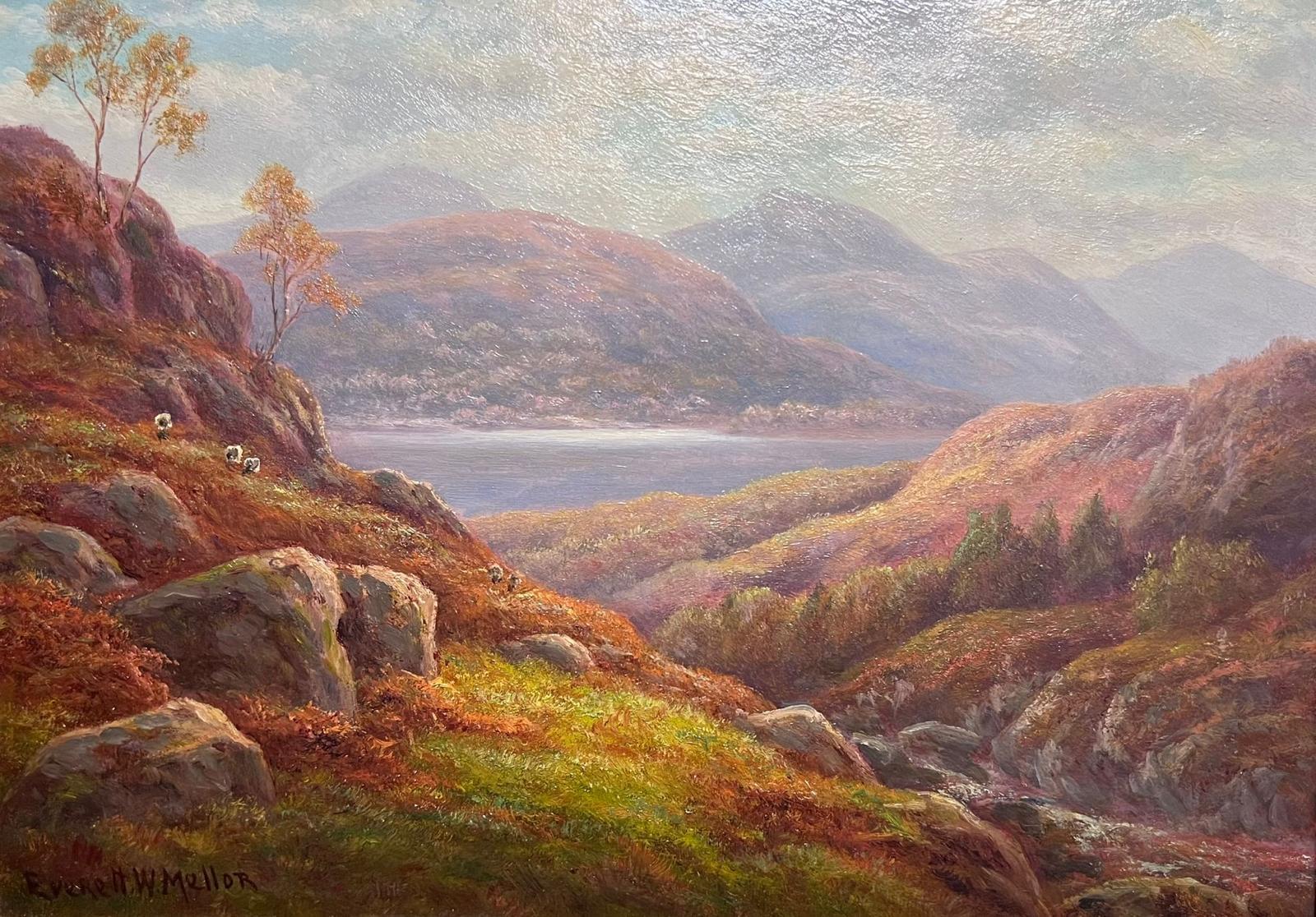 Everett Watson Mellor Animal Painting - Antique Scottish Oil Autumn Highlands Tranquil Landscape with Sheep Oil Painting