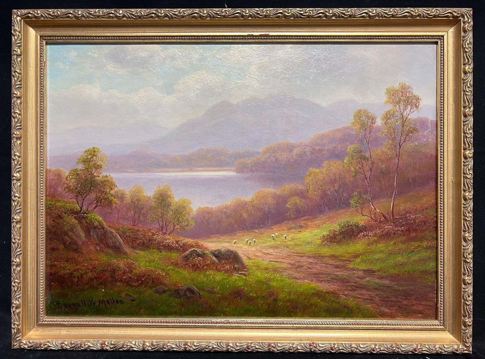 Paisaje tranquilo de las Highlands Ovejas pastando junto al lago Antique British Painting - Animal Painting Marrón de Everett Watson Mellor