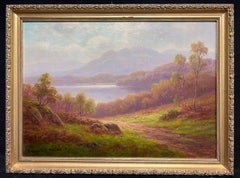 Tranquil Highland Landscape Sheep Grazing by the Loch Antique British Painting