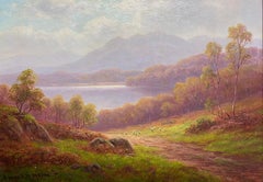 Tranquil Highland Landscape Schaf Grazing by the Loch Antikes britisches Gemälde