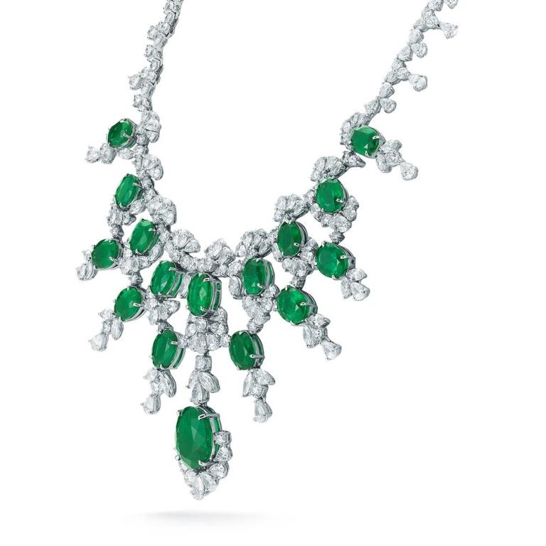 EVERGREEN EMERALD AND DIAMOND NECKLACE An unparalleled set of vibrant green Emeralds and polished white diamonds sit magnificently in this elegant and classy design Item: # 02070 Metal: Platinum Lab: C.dunaigre Color Weight: 60.43 ct. Diamond