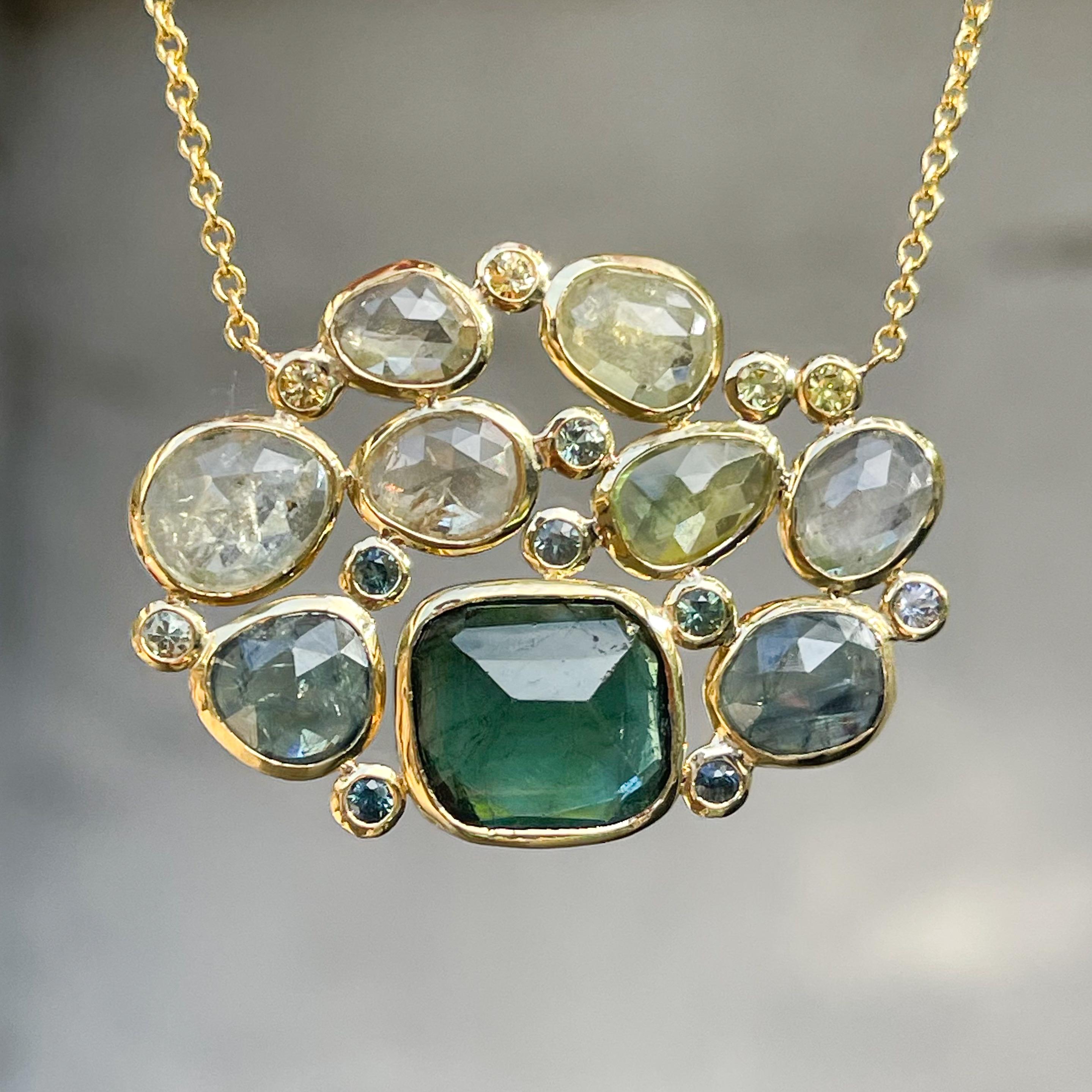 Contemporary Evergreen Tourmaline and Sapphire Necklace in 14k Gold by NIXIN Jewelry For Sale