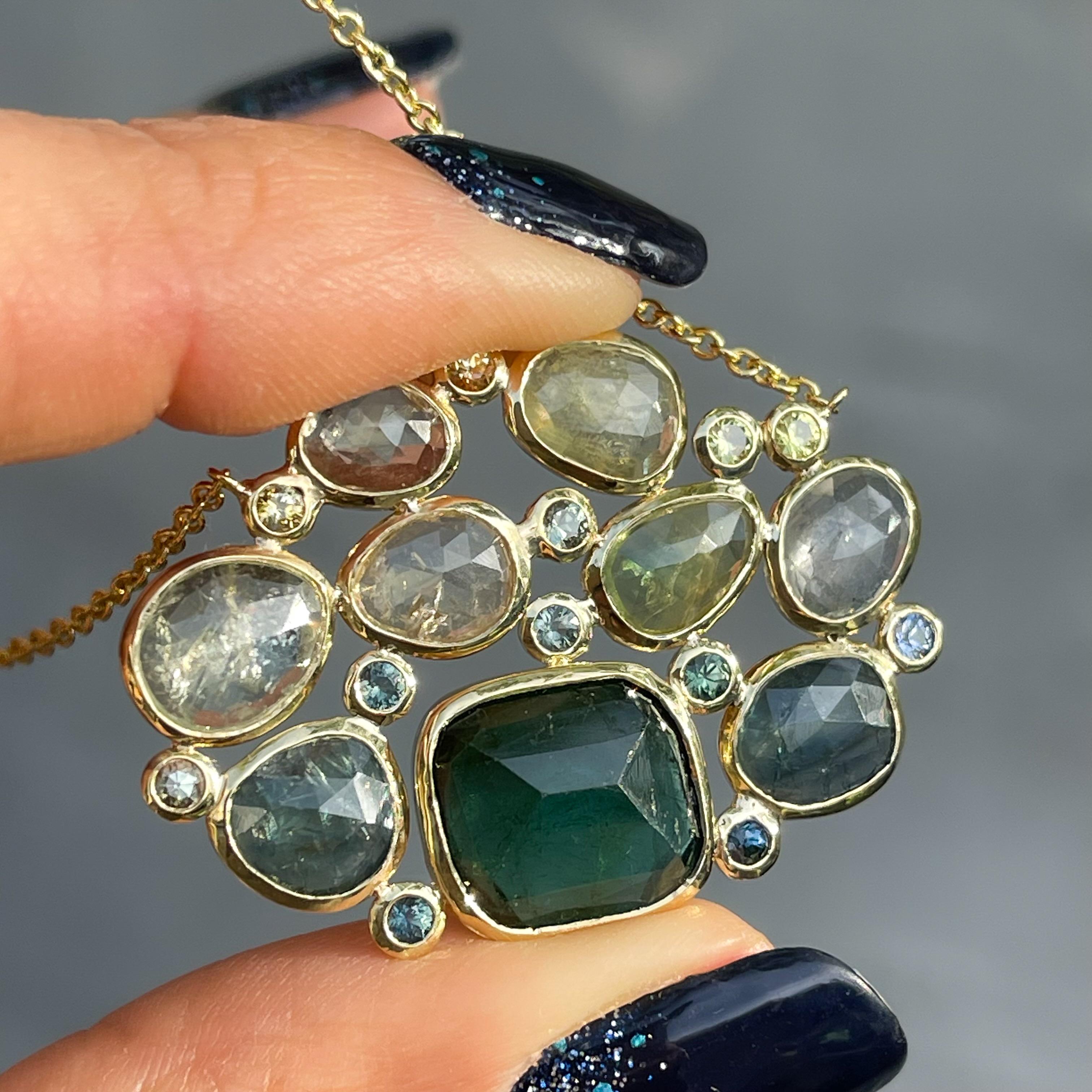 Evergreen Tourmaline and Sapphire Necklace in 14k Gold by NIXIN Jewelry In New Condition For Sale In Los Angeles, CA