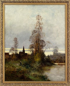 Everhardus Koster, Paysage avec lac et église, peinture à l'huile 