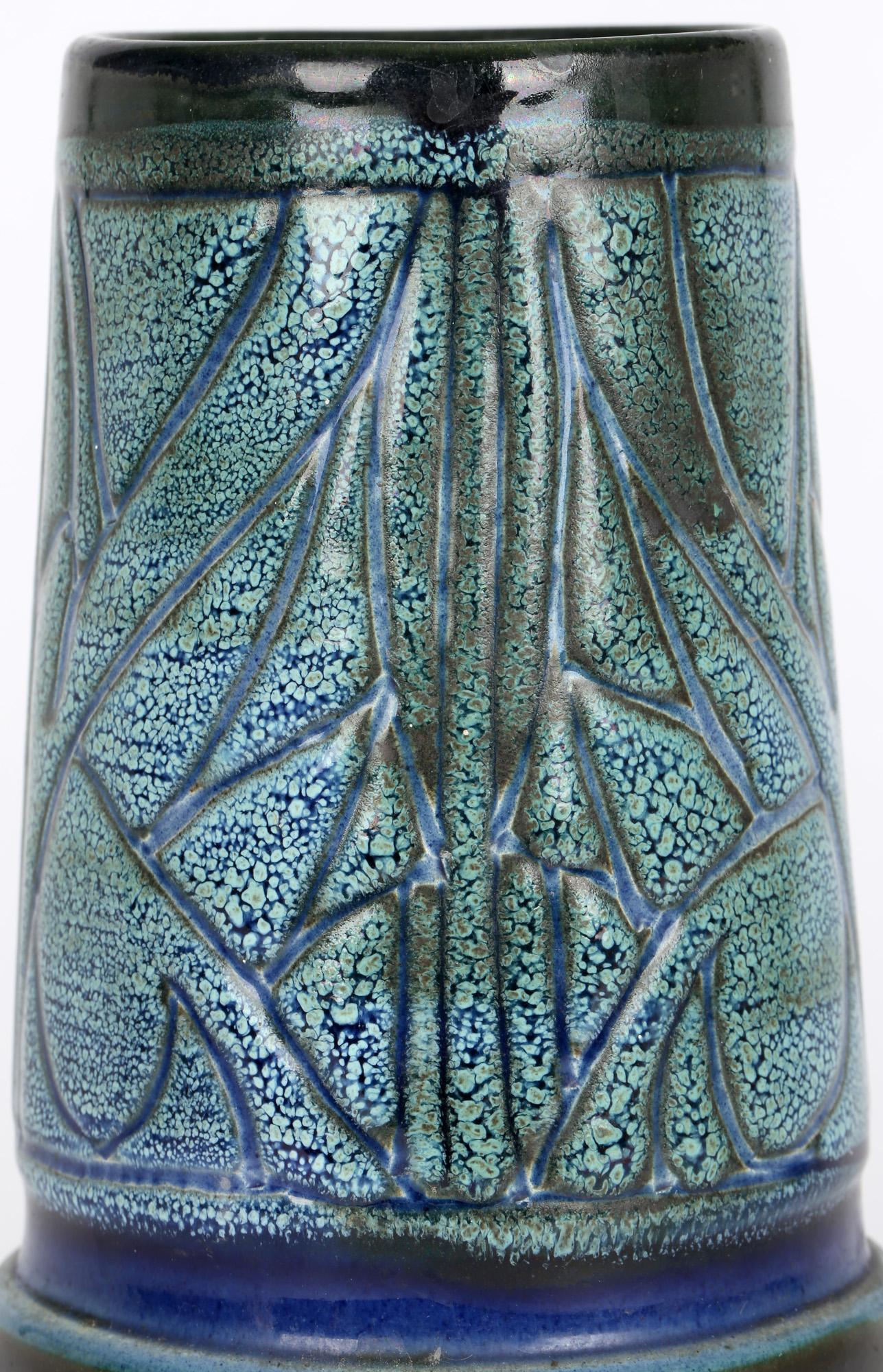 Late 20th Century Everidge Stevens Celtic Pottery Newlyn Blue Medallion Funnel Shaped Vase For Sale