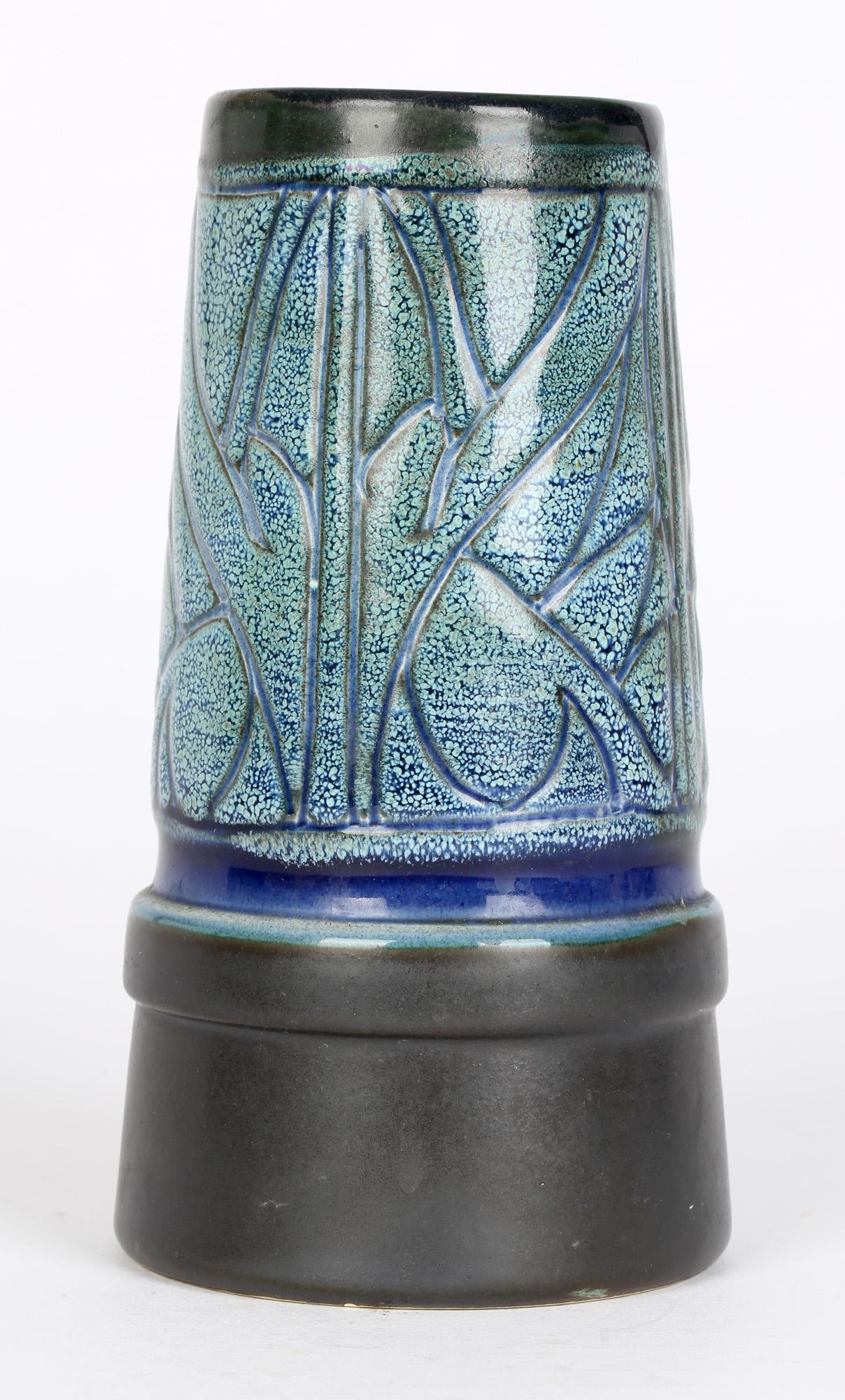Everidge Stevens Celtic Pottery Newlyn Blue Medallion Funnel Shaped Vase For Sale 1
