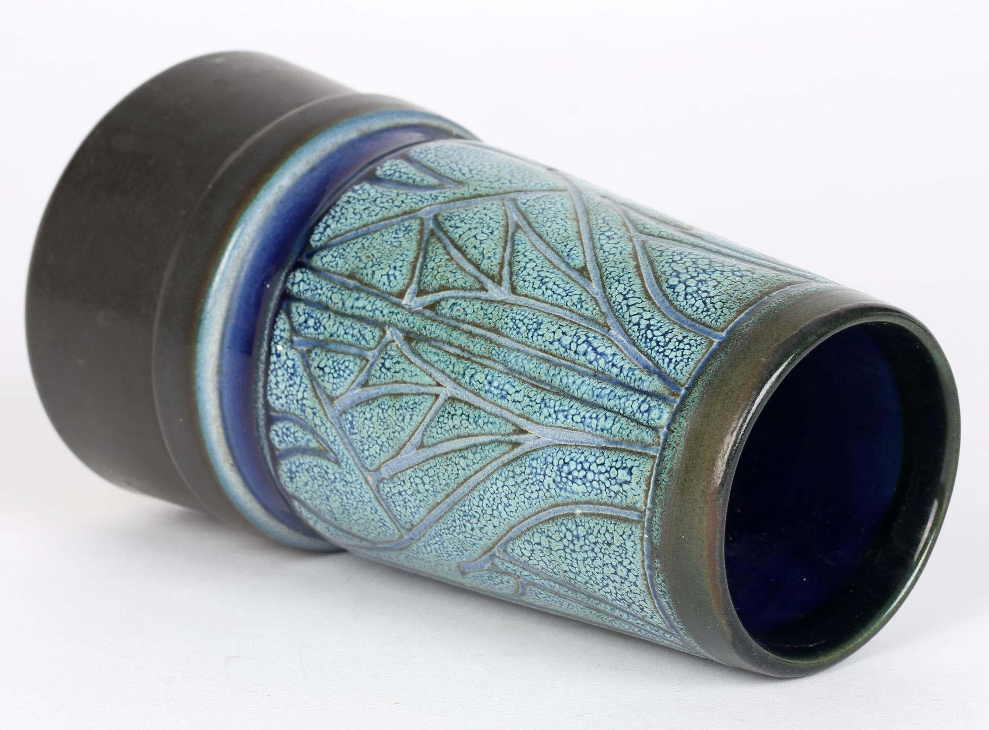 Everidge Stevens Celtic Pottery Newlyn Blue Medallion Funnel Shaped Vase For Sale 2