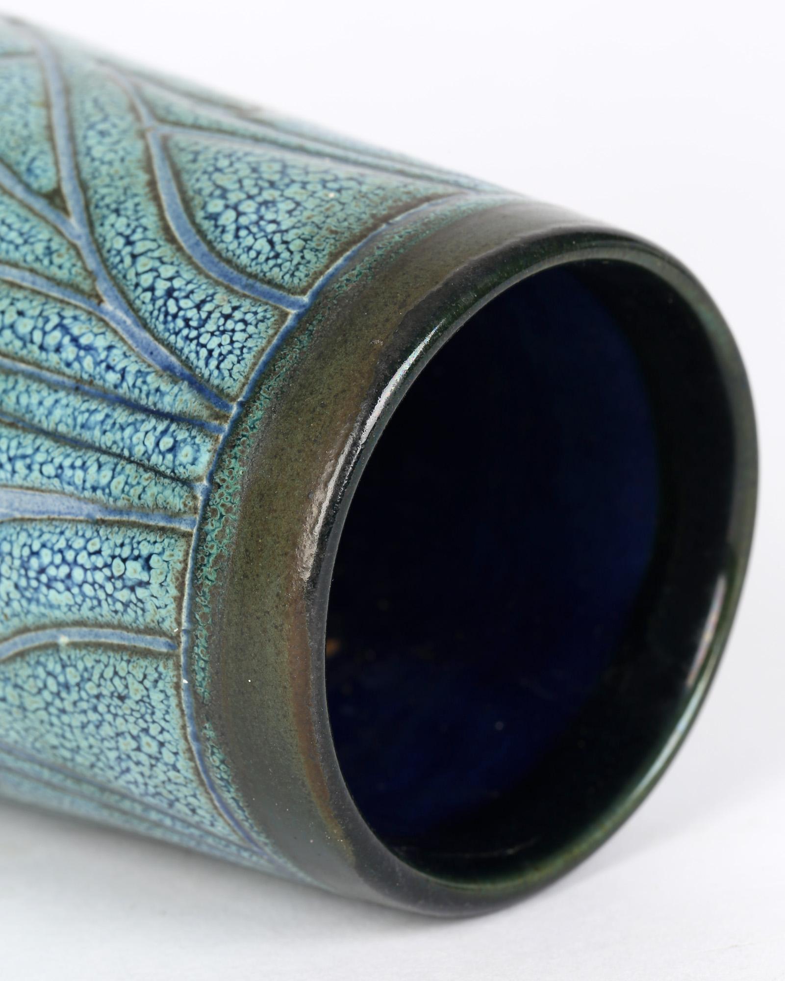 Everidge Stevens Celtic Pottery Newlyn Blue Medallion Funnel Shaped Vase For Sale 3