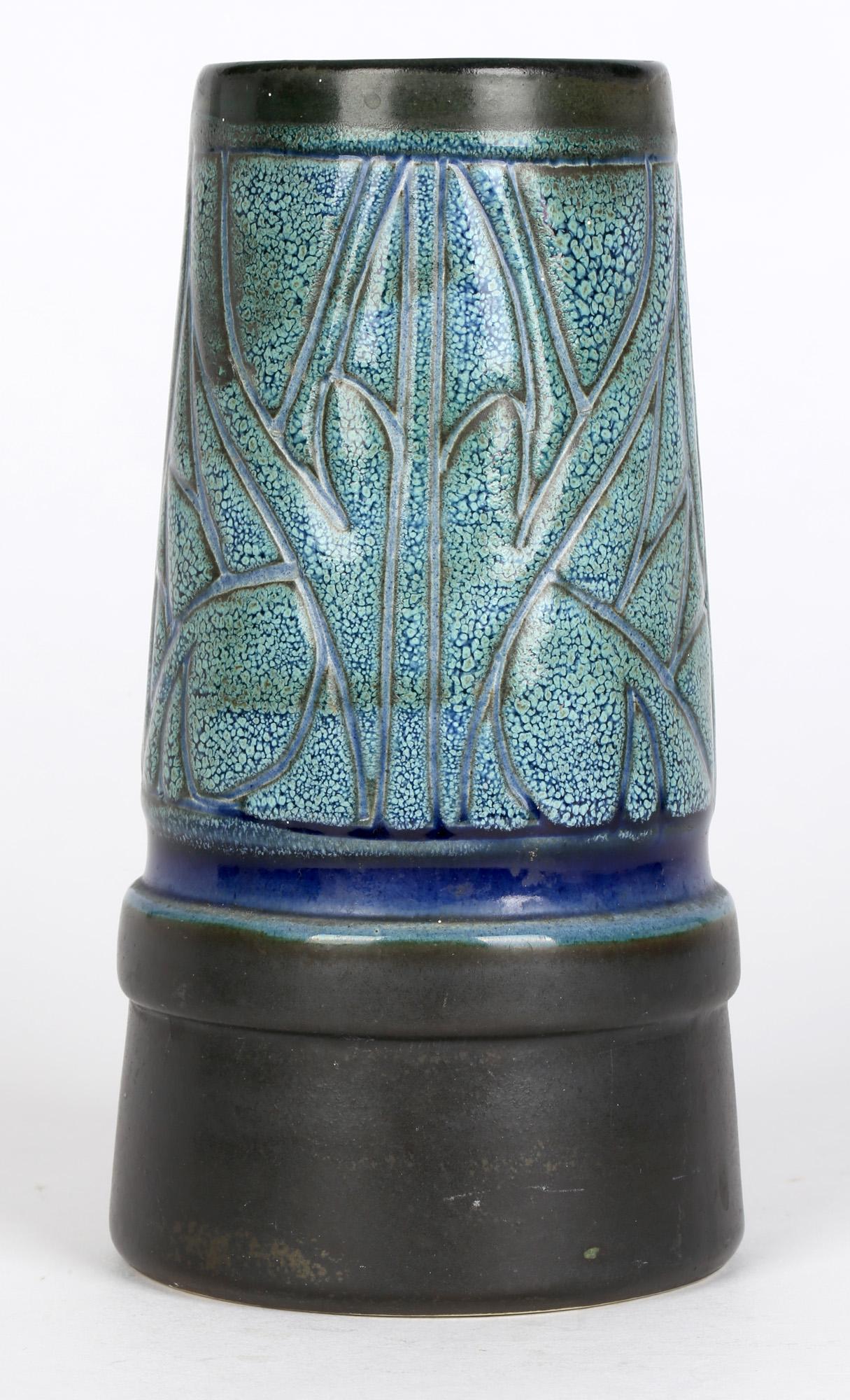 Everidge Stevens Celtic Pottery Newlyn Blue Medallion Funnel Shaped Vase For Sale 4