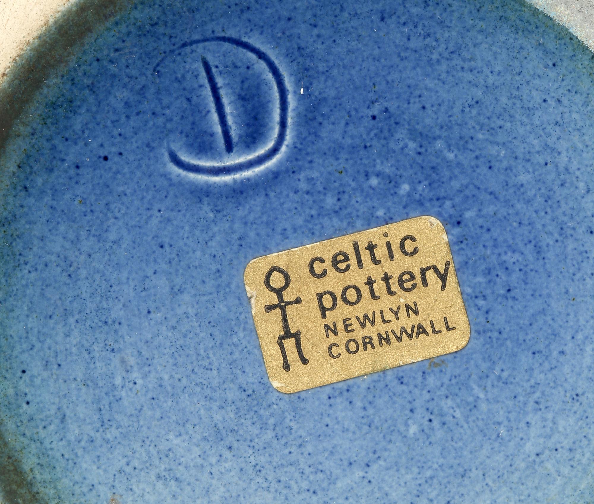 Modern Everidge Stevens Celtic Pottery Newlyn Blue Medallion Funnel Shaped Vase For Sale