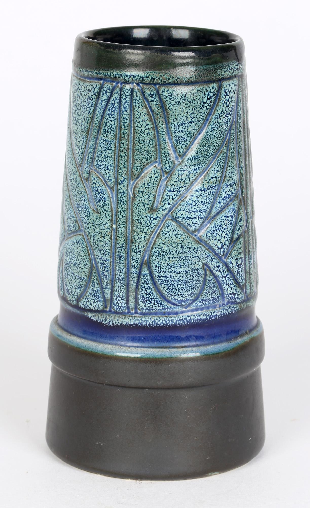 English Everidge Stevens Celtic Pottery Newlyn Blue Medallion Funnel Shaped Vase For Sale