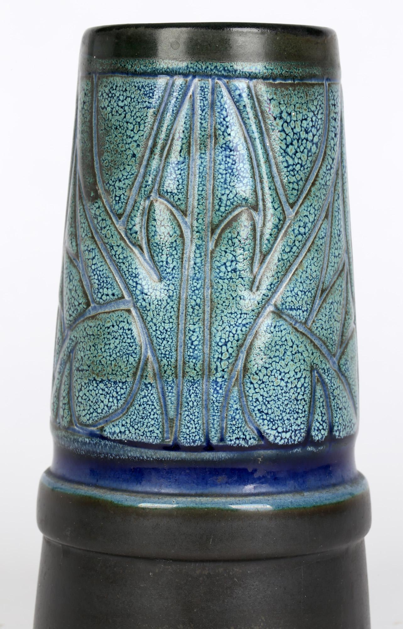 Hand-Crafted Everidge Stevens Celtic Pottery Newlyn Blue Medallion Funnel Shaped Vase For Sale