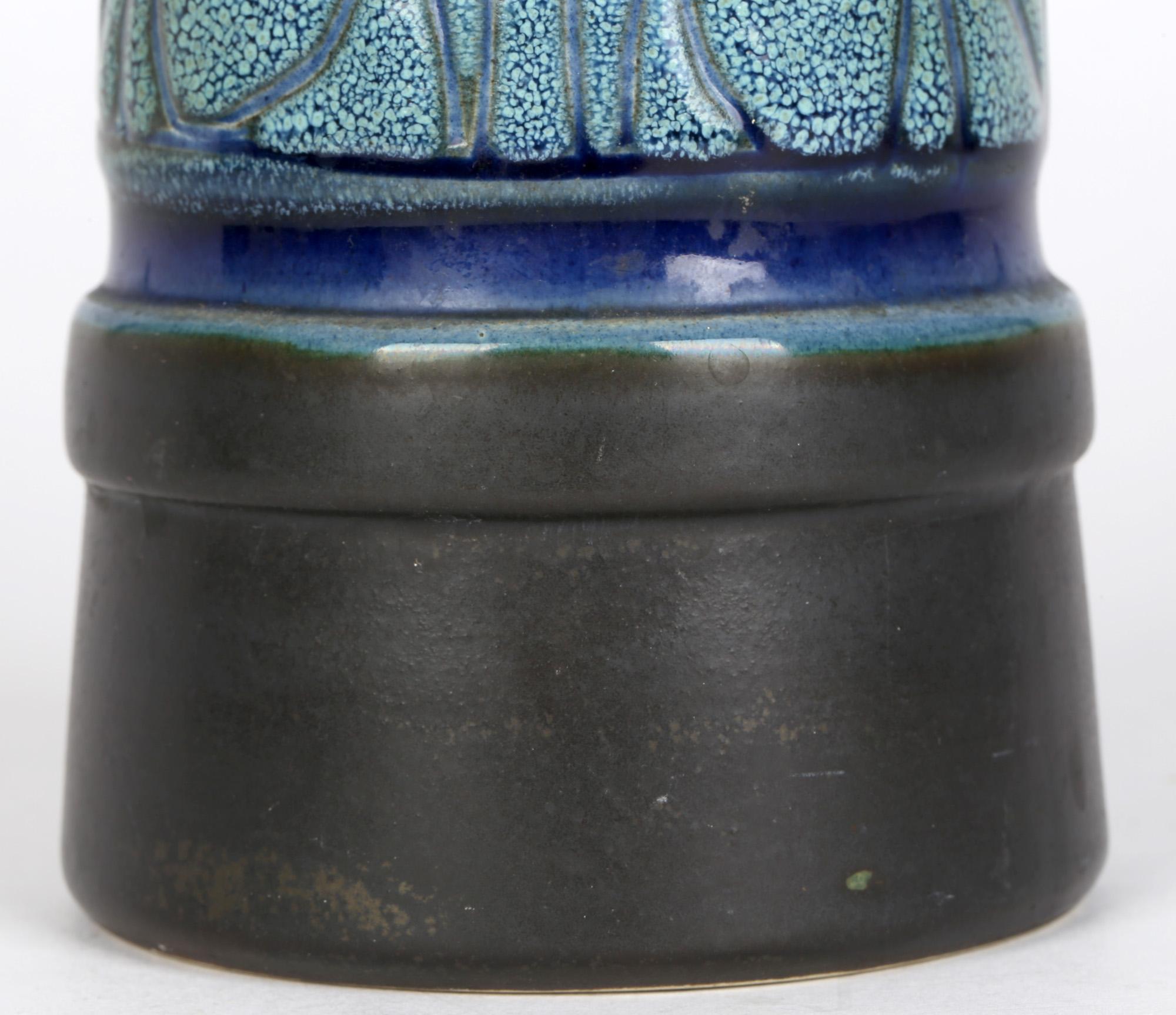 Everidge Stevens Celtic Pottery Newlyn Blue Medallion Funnel Shaped Vase In Good Condition For Sale In Bishop's Stortford, Hertfordshire