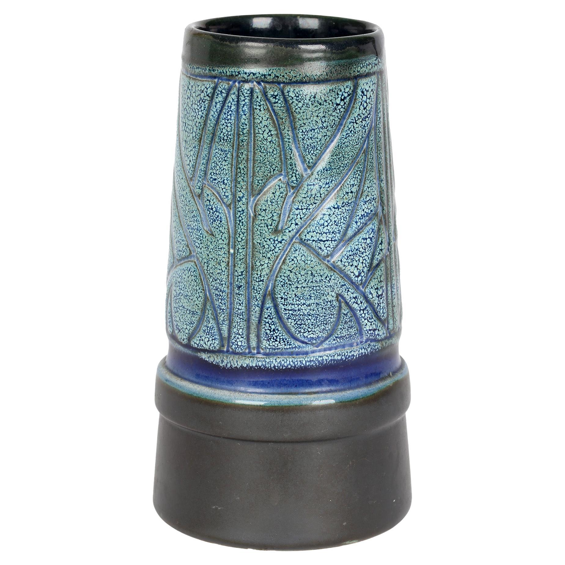 Everidge Stevens Celtic Pottery Newlyn Blue Medallion Funnel Shaped Vase For Sale