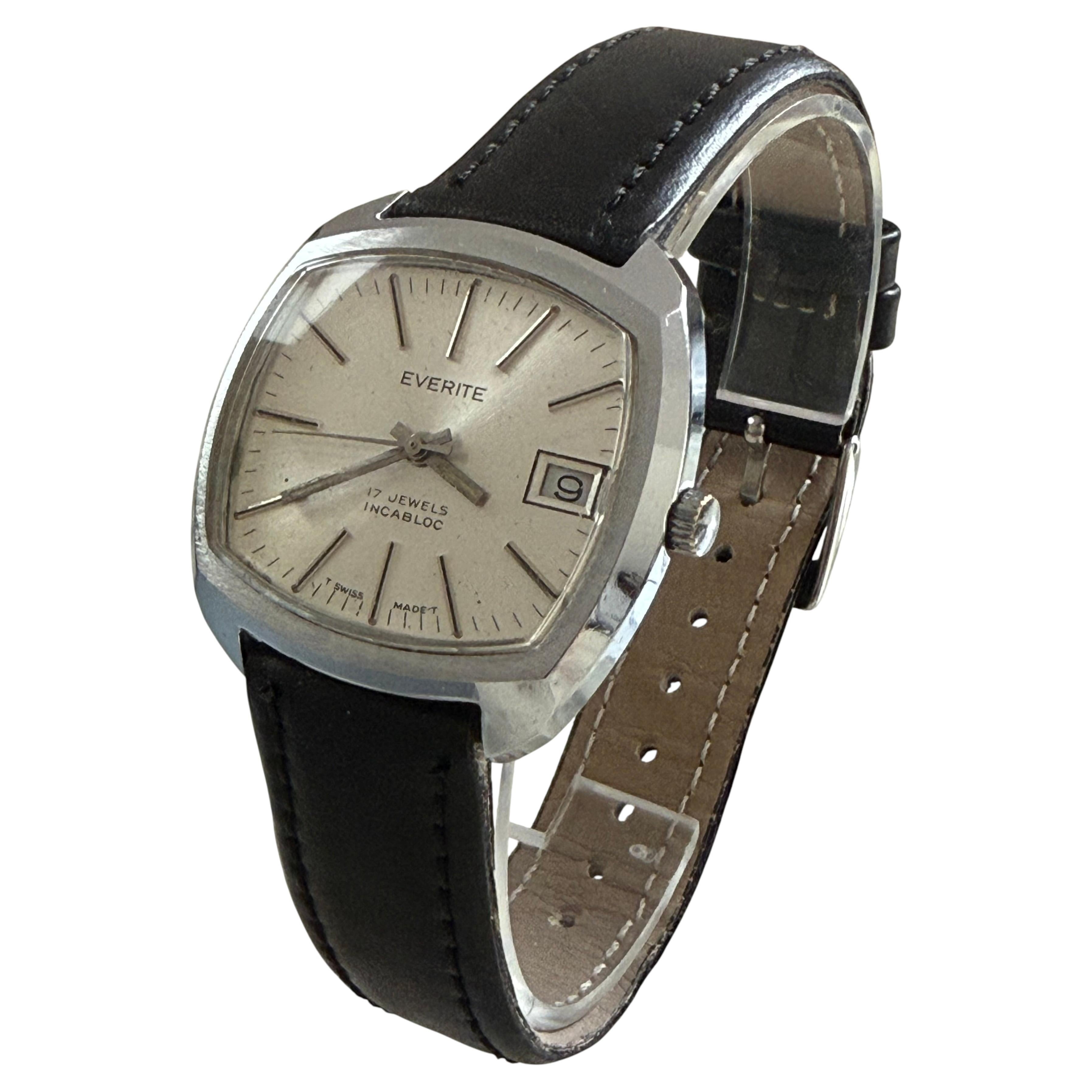 Everite Manual Wind, 17 Jewel Inabloc, 36x36mm Case/Silver Dial, c1967 For Sale