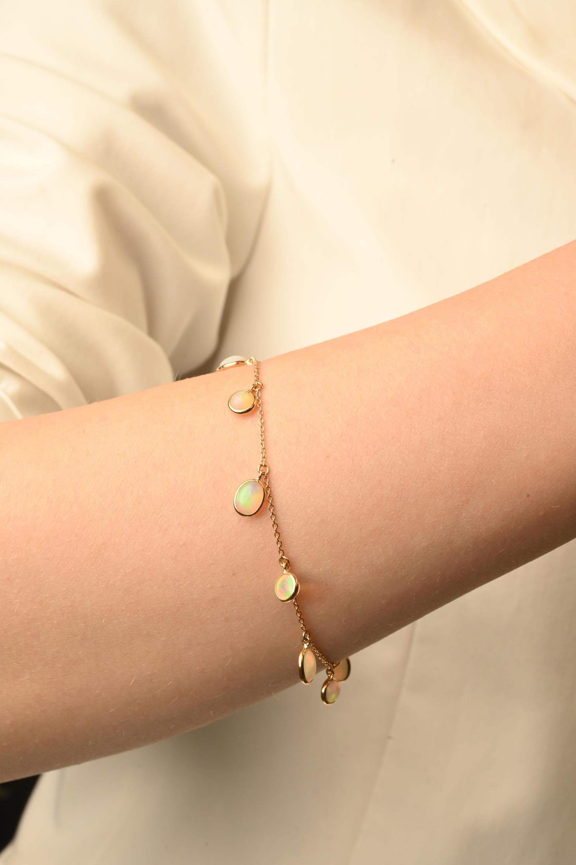 Modern Everloving Opal Stackable Dangling Chain Bracelet in Solid 18k Yellow Gold For Sale