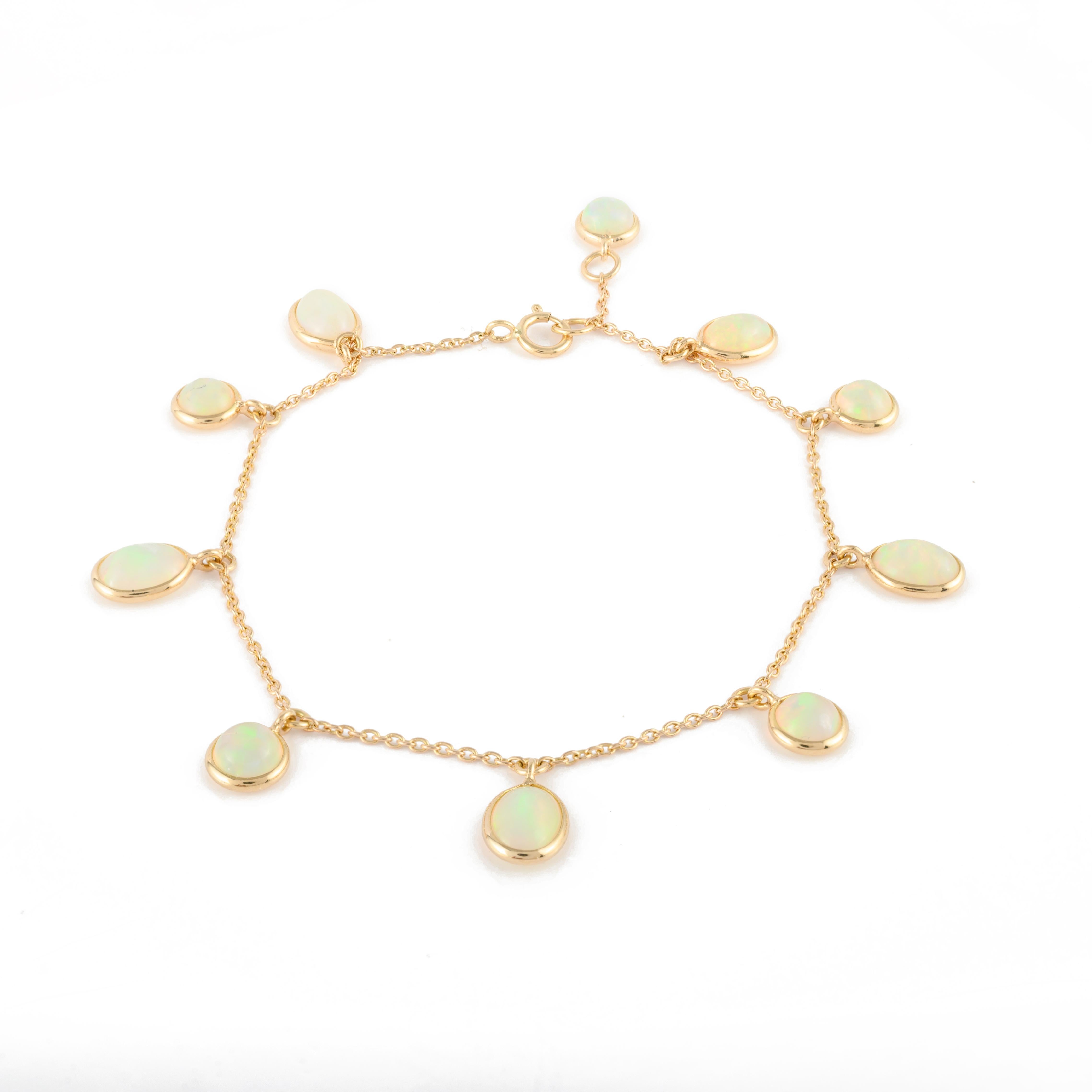 Mixed Cut Everloving Opal Stackable Dangling Chain Bracelet in Solid 18k Yellow Gold For Sale