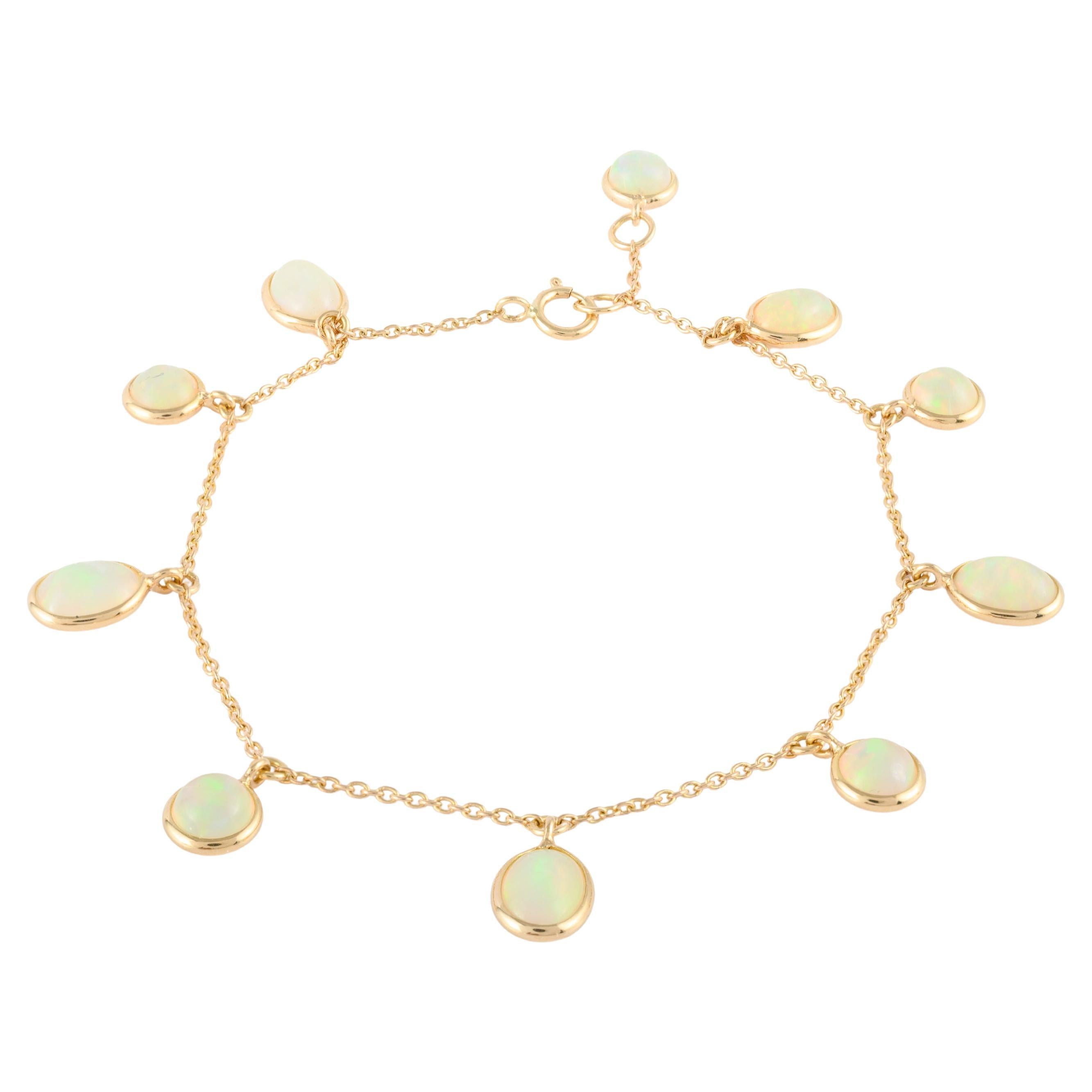 Everloving Opal Stackable Dangling Chain Bracelet in Solid 18k Yellow Gold For Sale