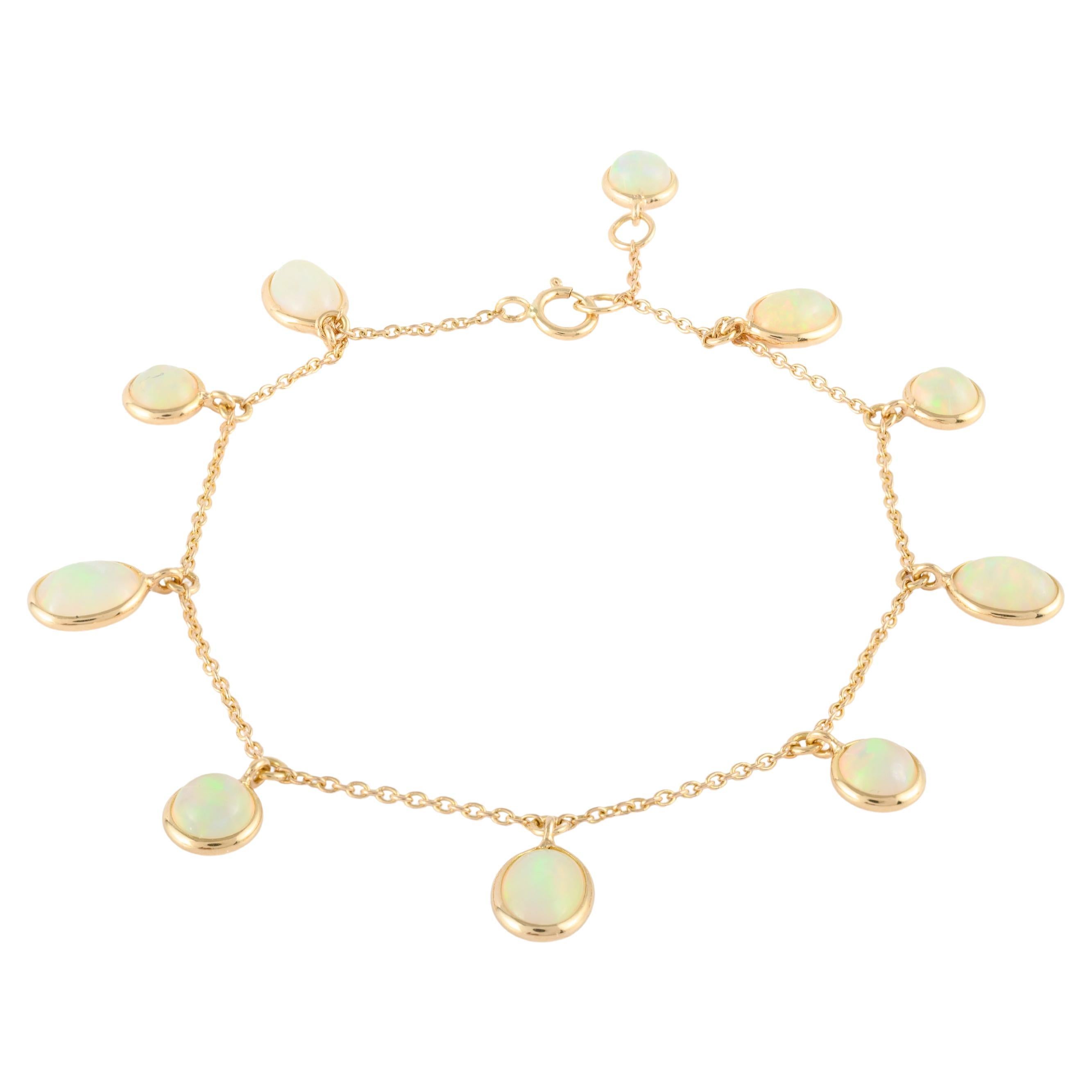 Everloving Opal Stapelbares baumelndes Kettenarmband aus massivem 18 Karat Gelbgold im Angebot