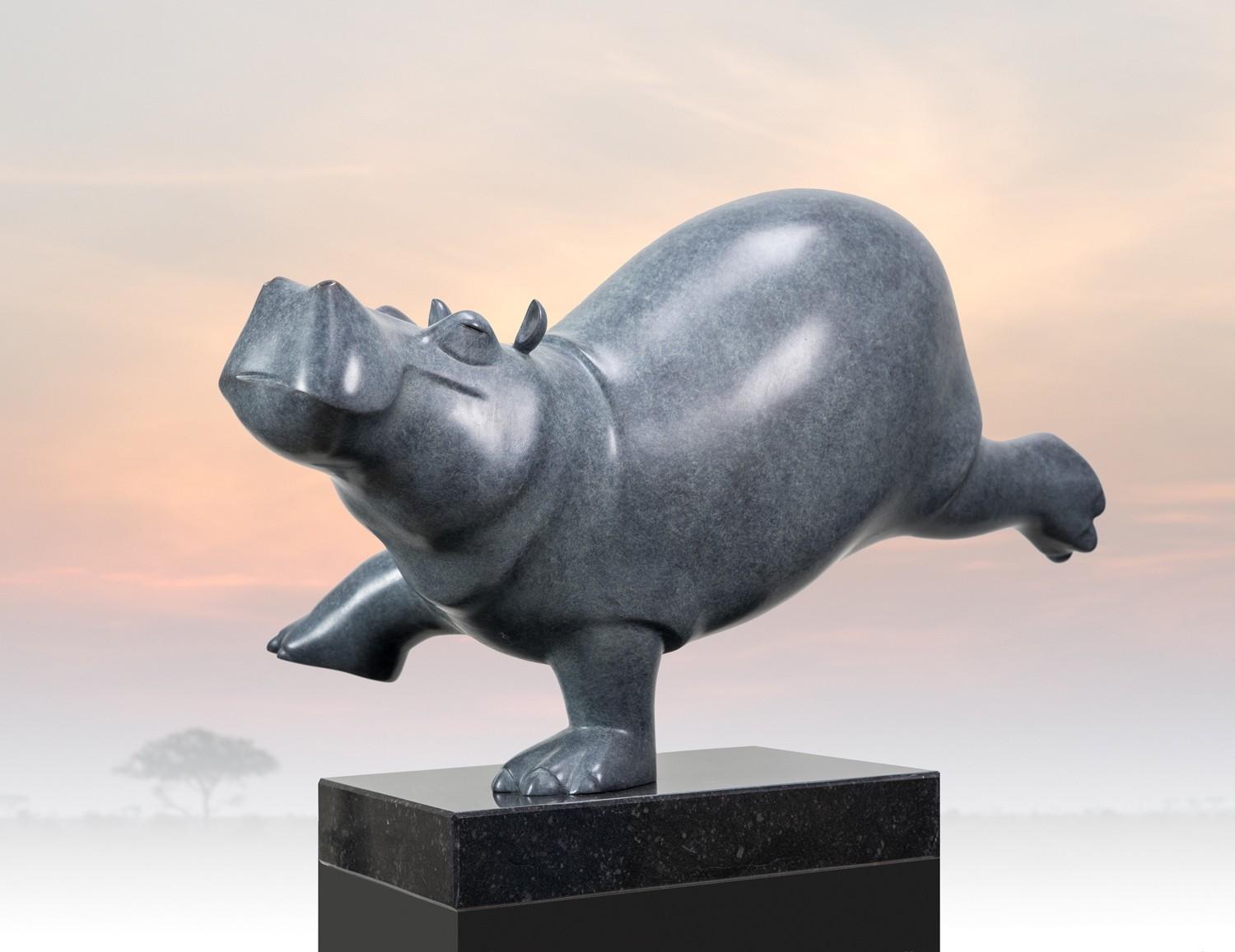 Evert den Hartog Figurative Sculpture - Dansende Hippo (Dancing Hippo) Bronze Figurative Animal Sculpture In Stock