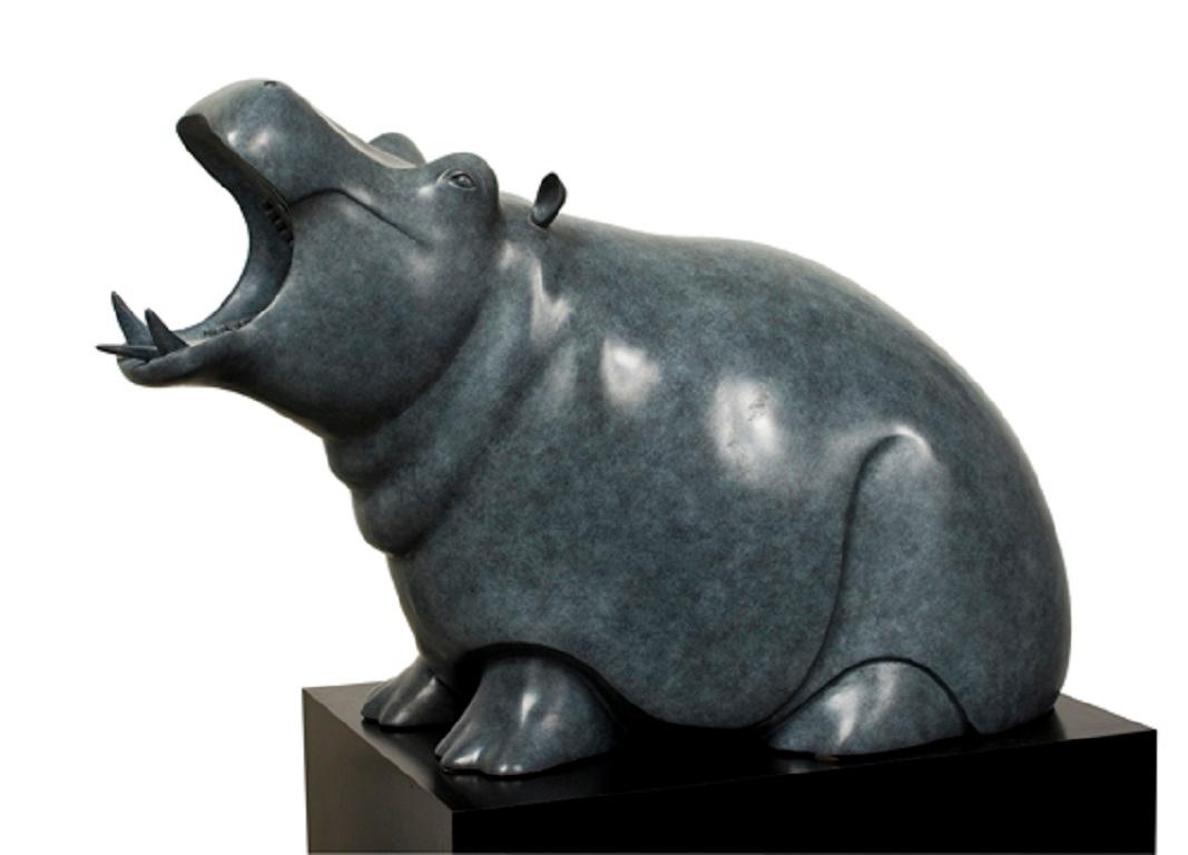 Evert den Hartog Figurative Sculpture - Nijlpaard Rhino Bronze Sculpture Animal Grey Patina 