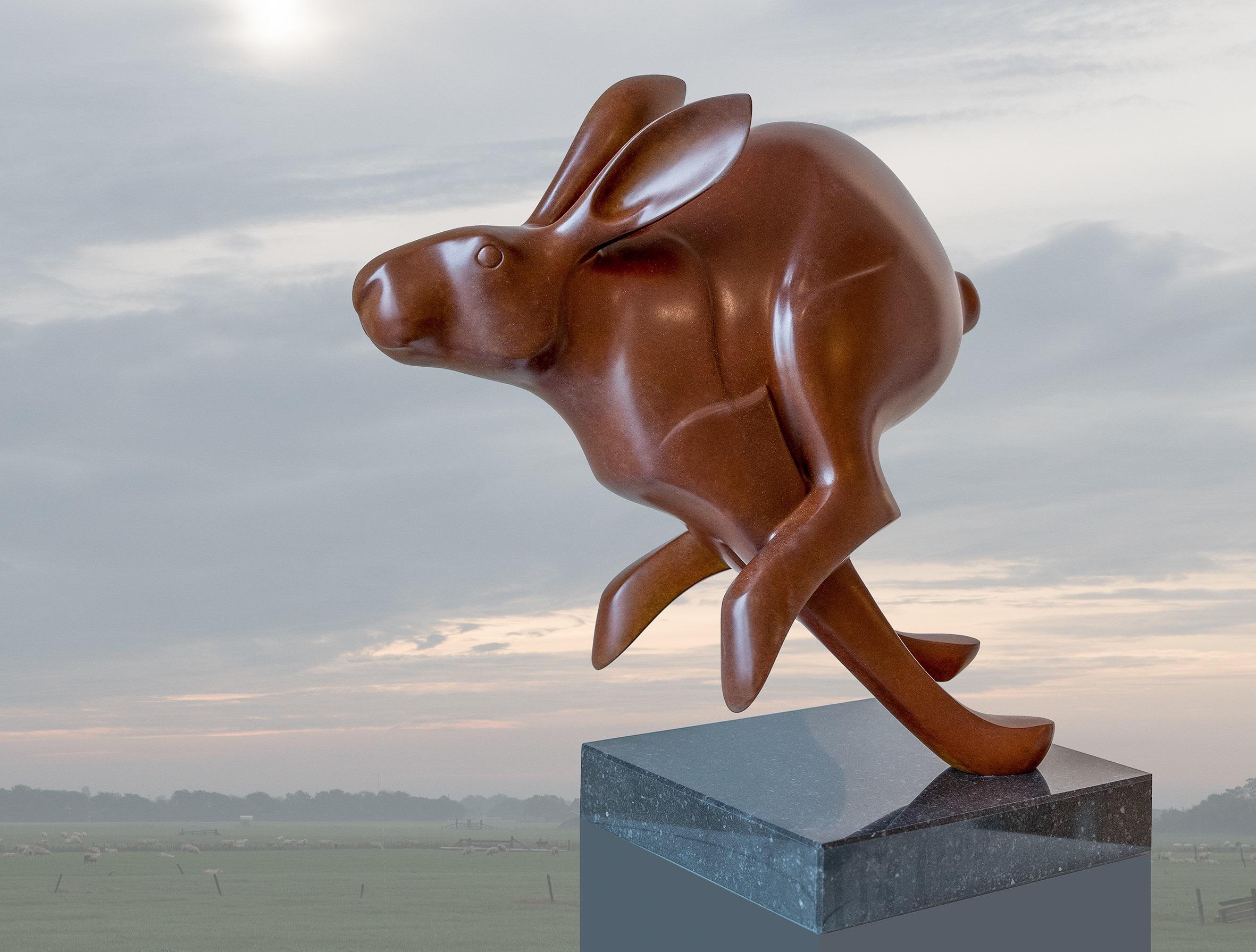 Evert den Hartog Figurative Sculpture - Rennende Haas no. 3 Running Hare Bronze Sculpture Animal Contemporary In Stock