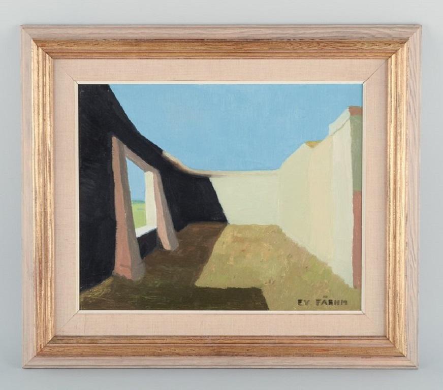 Evert Färhm (1901-1971), listed Swedish artist.
Modernist landscape with a building.
Oil on plate.
1960s.
Signed.
In perfect condition.
Dimensions: 40.0 x 32.0 cm. / 57.0 x 49.0 cm. with frame.