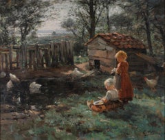 Feeding the Ducks: by Evert Pieters. Late 19th Century Dutch School Oil Painting