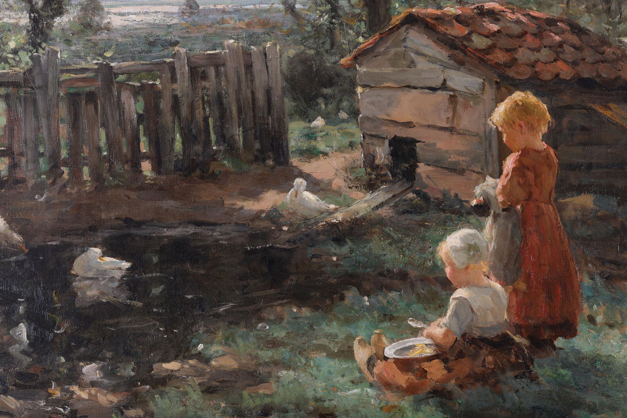 'Feeding the Ducks' an antique oil painting For Sale 2