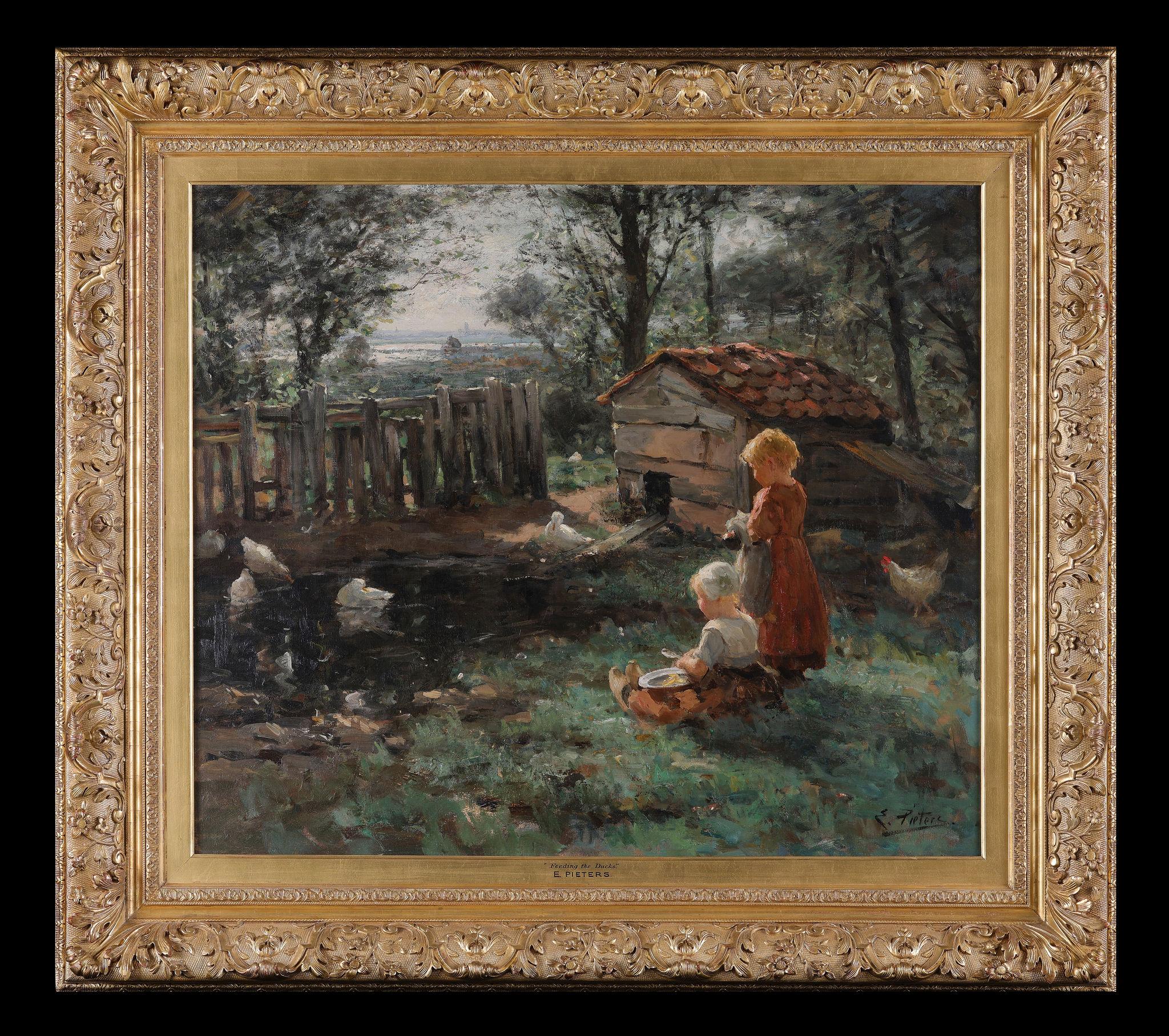 The Feeding the Ducks", peinture à l'huile ancienne