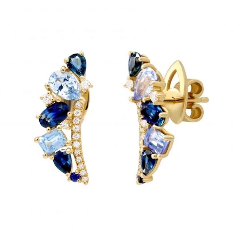 Antique Cushion Cut Every Day Blue Sapphire Diamond Colourful Yellow 18K Gold Earrings for Her For Sale