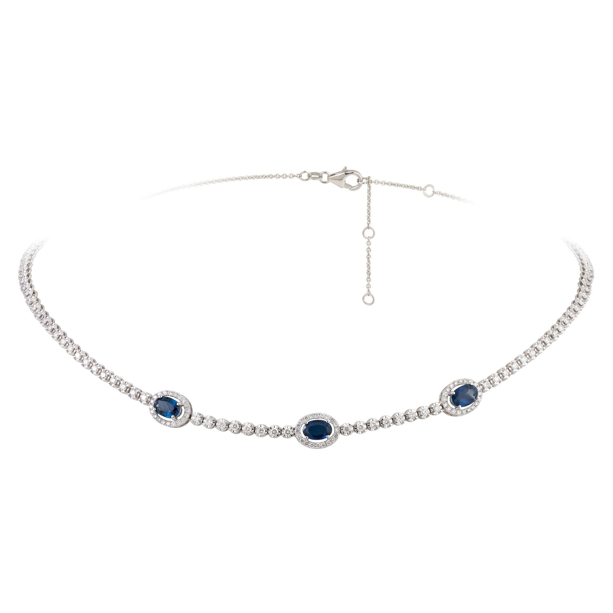 Modern Every Day Choker White Gold 18K Necklace Blue Sapphire Diamond for Her For Sale