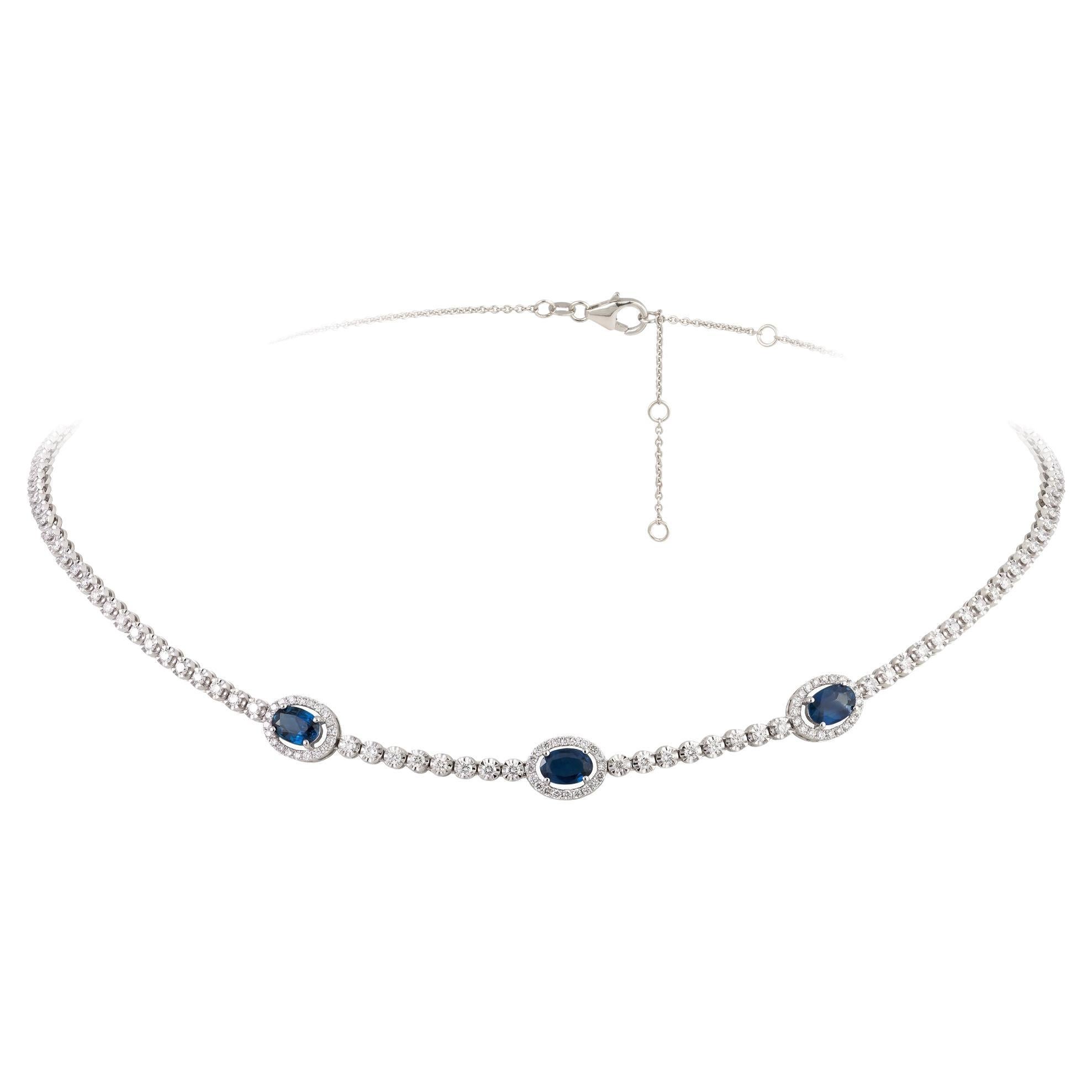 Every Day Choker White Gold 18K Necklace Blue Sapphire Diamond for Her