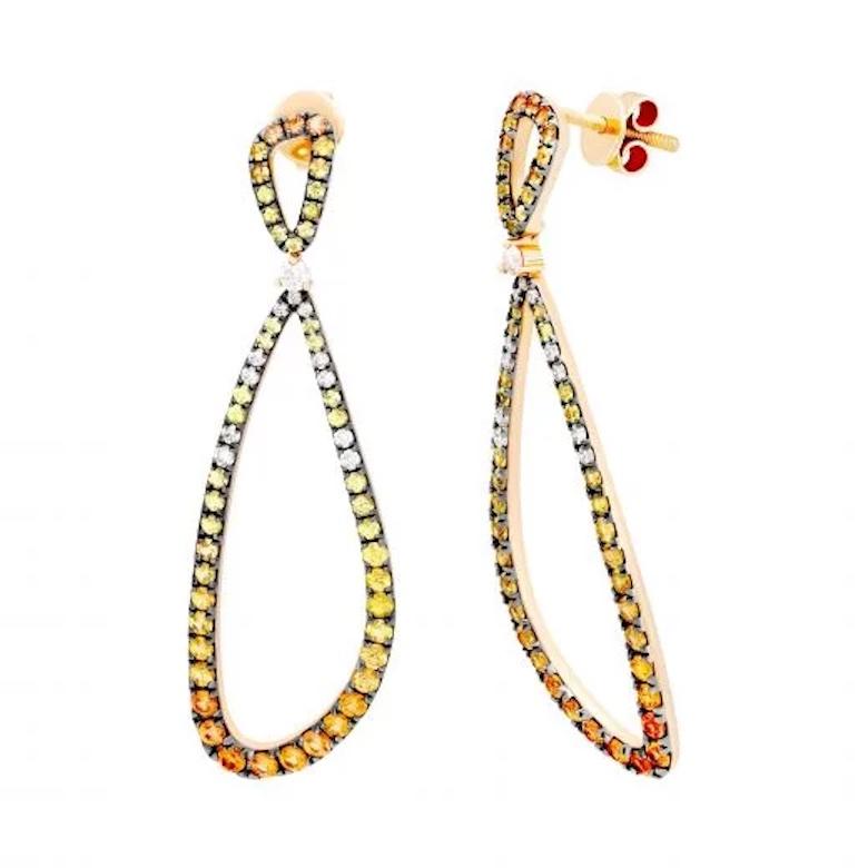 Modern Every Day Dangle Orange Sapphire Pink Gold 14K Earrings Diamond for Her For Sale