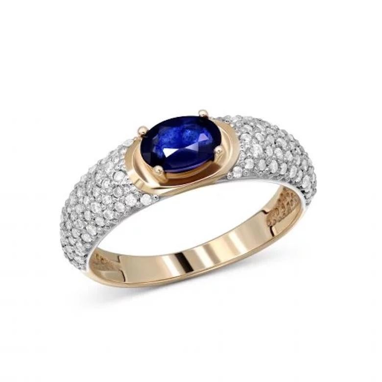 Baguette Cut Every Day Diamond Blue Sapphire Yellow 14k Gold Ring for Her For Sale