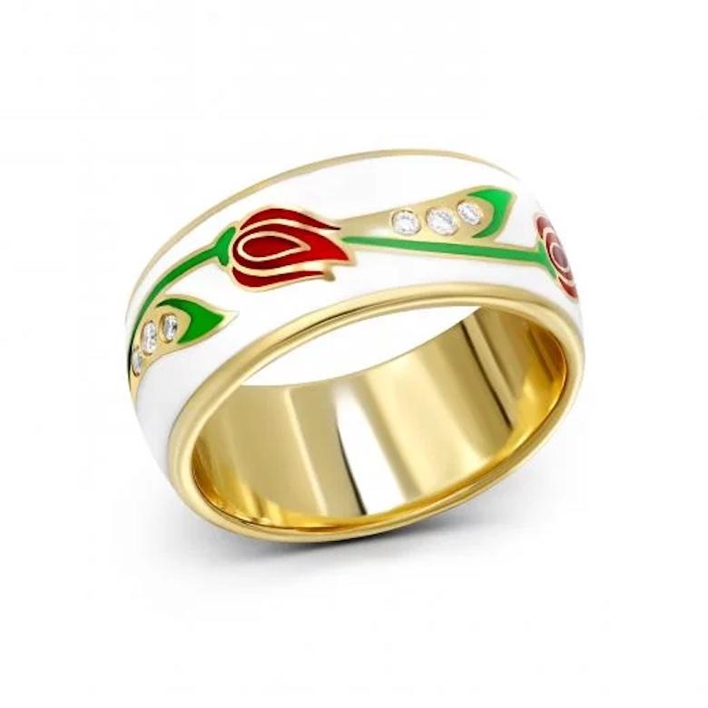 Modern Every Day Diamond Enamel Band Yellow 14k Gold Ring for Her For Sale